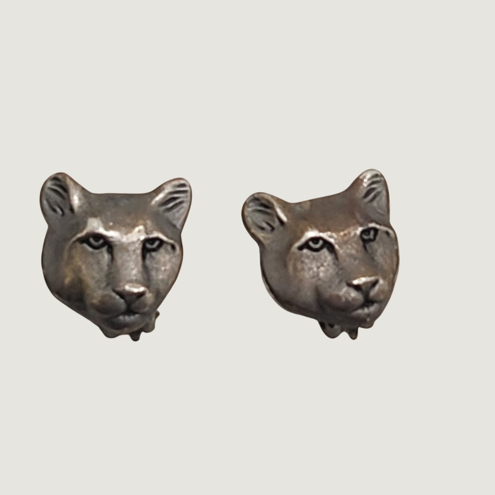 Vintage Mountain Lion Cougar Clip On Earrings Antiqued Silver Tone Southwestern